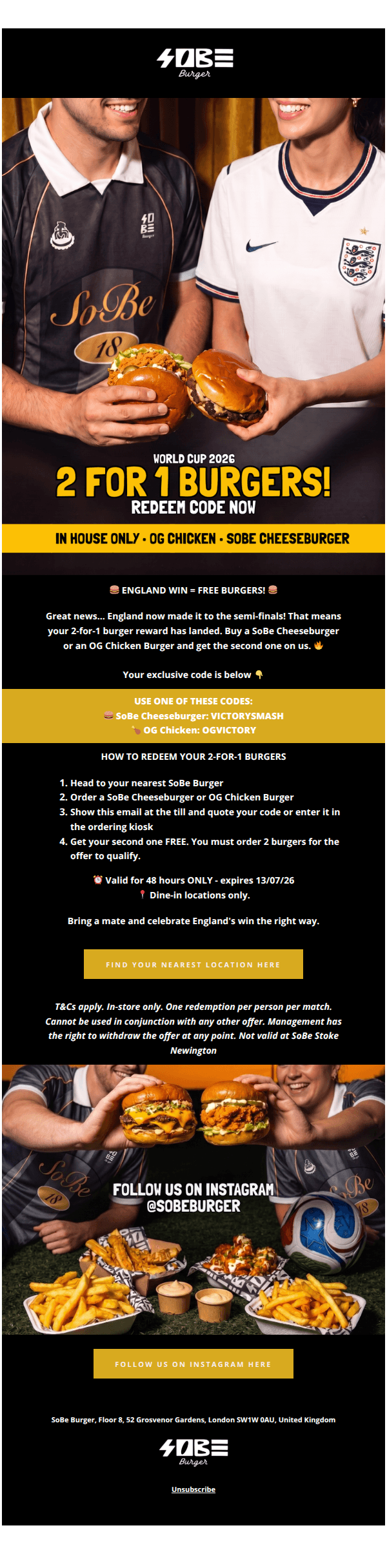 🚨🍔 England won… here's your 2FOR1 Burger code! 🍔🚨